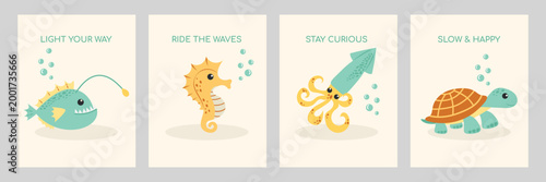 Minimalist nursery posters set with cute sea animals and inspirational quotes.