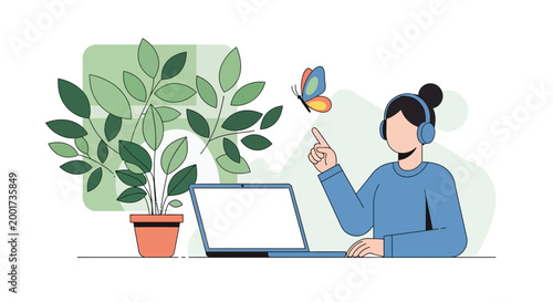 Woman with headphones working on laptop, butterfly flying near potted plant