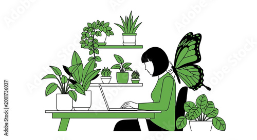 Woman working on laptop surrounded by houseplants and butterfly wings, eco-friendly workspace