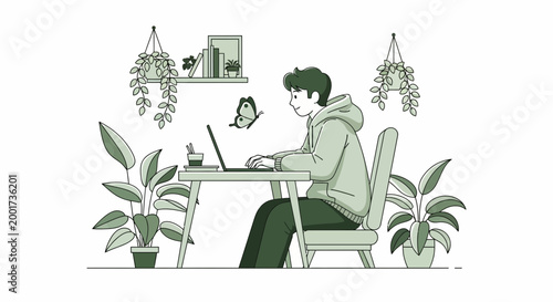 Young man working on laptop at desk with plants and butterfly, home office illustration