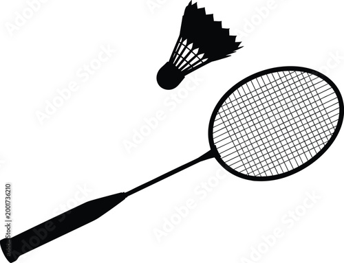 Badminton racket and shuttlecock a black and white sports illustration