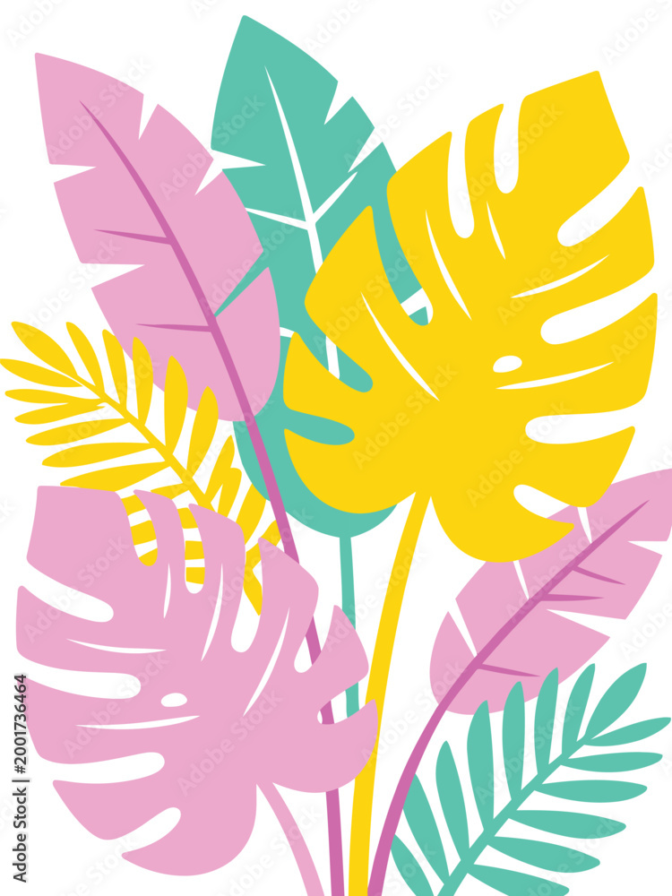 Fototapeta premium Vibrant graphic illustration of tropical leaves in pink, yellow, and teal, featuring monstera and palm fronds.