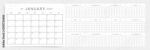 Monthly calendar template for 2027 year. Minimalist planner for 2027 year. Week Starts on Sunday. Calendar Set for 2027 year.