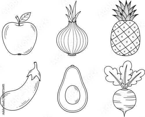 A hand-drawn collection of six healthy fruits and vegetables, featuring an apple, onion, pineapple, eggplant, avocado, and beet, perfect for culinary and health-related designs