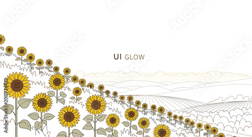 Illustration of a row of sunflowers leading to a stylized landscape with hills, with a glowing effect and text 'UI GLOW' on a white background.