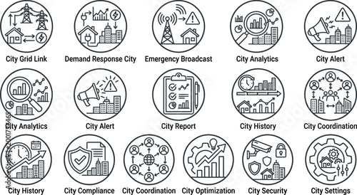 City icons for urban planning tools.