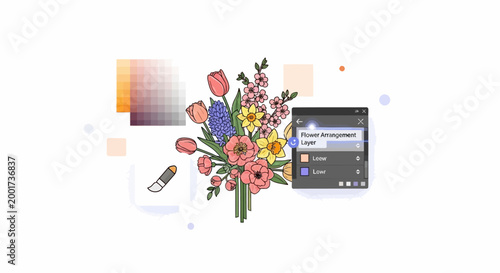 Flat lay of a colorful bouquet of flowers next to a tablet and color palette on a white background with a shallow depth of field and warm tones.