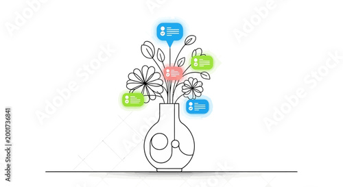 A simple line drawing of a vase with colorful flowers and speech bubbles on a plain background.