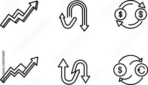 Financial Market Growth and Currency Exchange Outline Icon Set, Business Trend Analysis Pack with Rising Arrows and Forex Conversion Symbols