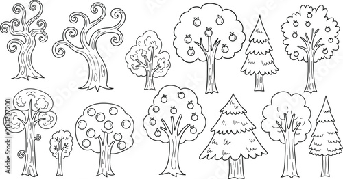 Black and white sketch of various trees in a forest setting