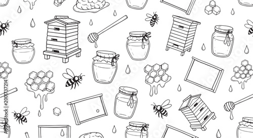 Doodle Collection of Honey Bees, Honeycombs, and Beehives, Vector Illustration