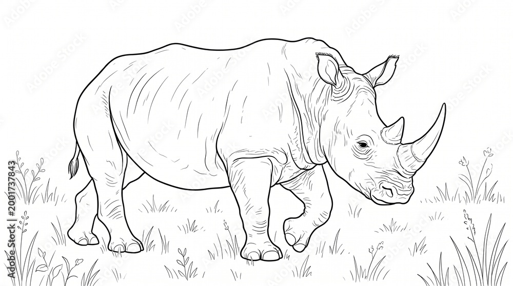 Fototapeta premium line art white rhinoceros walking in savanna grassland illustration