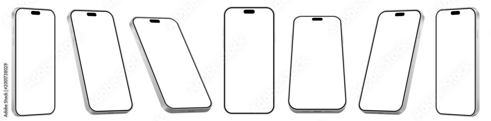 Naklejka premium Realistic Smartphone Mockup Set. Perspective Mobile Phones With Blank Screen isolated on Transparent Background