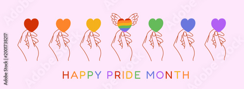 Happy Pride Month vector illustration: hands holding hearts featuring a rainbow flag spirit and celebrating LGBT,LGBTQ, LGBTQIA,sexual diversity, reedom, love, rights, and community at a vibrant event