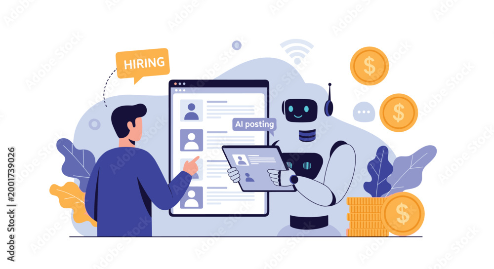 Fototapeta premium Human recruiter and AI robot collaborate to analyze job applications and hiring data on a large digital screen interface.