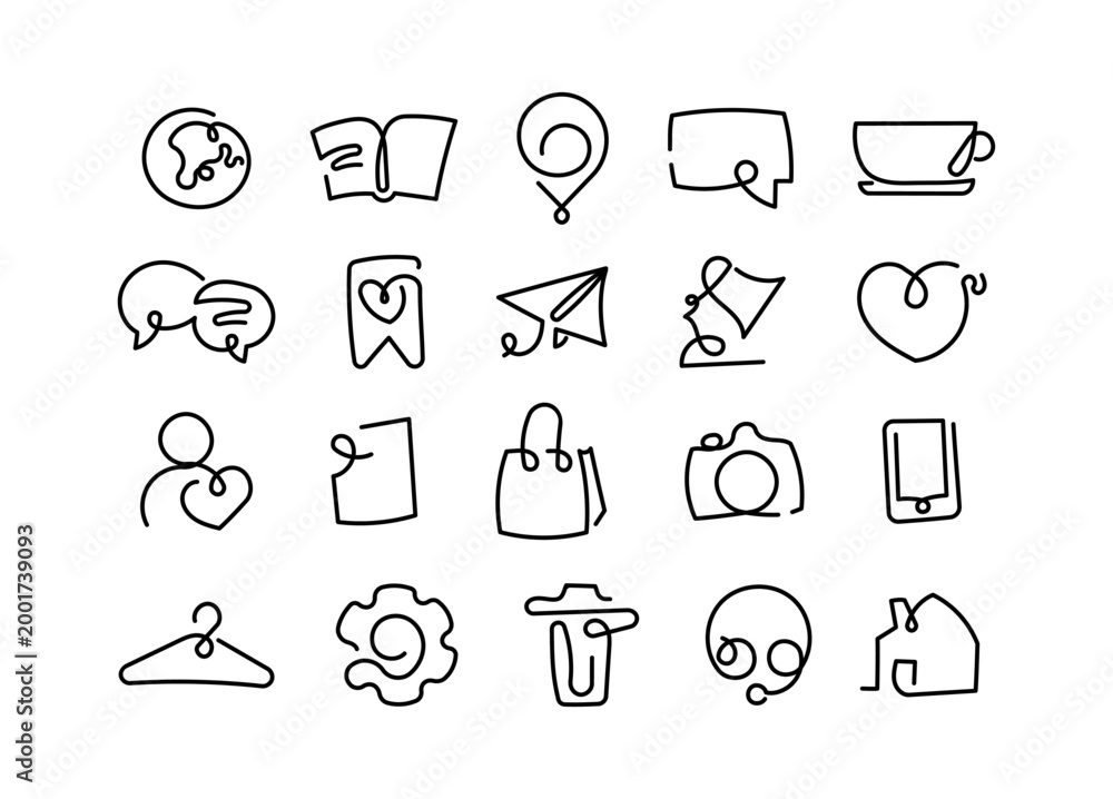 Fototapeta premium Hand drawn icon set with globe book location marker speech bubble cup chat bookmark airplane lamp heart person bag camera