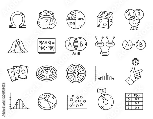 Probability theory set in outline line art featuring sample space dice cards roulette wheel distributions histograms scatter plots venn diagrams formulas