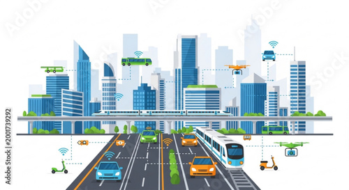 Smart city transportation concept with various vehicles on road and in air connected by wireless signals