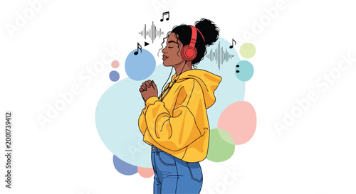 Young black woman listening to music with headphones, girl in yellow hoodie enjoying audio podcast, female character with musical notes and sound waves