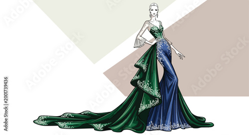 Elegant fashion illustration of a woman in a luxury evening gown, emerald green and royal blue couture dress with long train, haute couture sketch