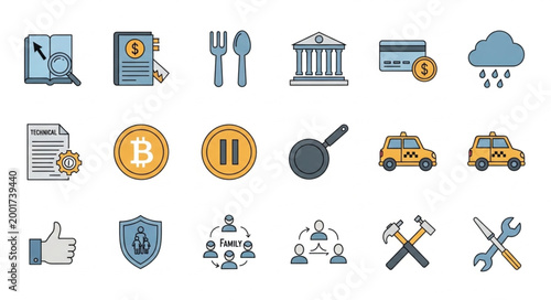 Collection of diverse business and finance icons.
