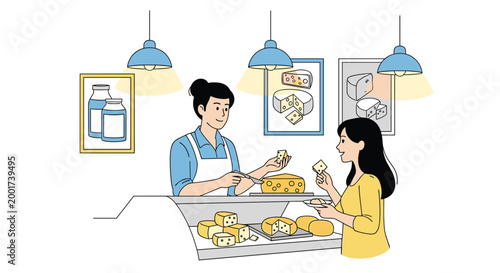 Cheerful vendor offers samples of artisanal cheese to a customer at a well lit deli counter with various dairy products.