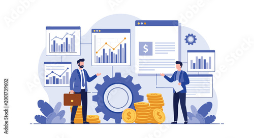 Financial experts managing investments and wealth growth next to a large gear and stacks of gold coins surrounded by performance charts.