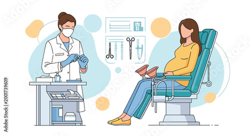 Medical doctor in protective gear providing prenatal care and consultation to a pregnant woman in a modern gynecological clinic setting.