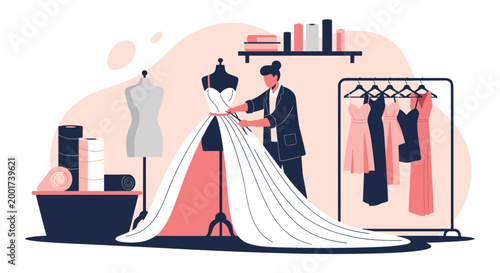 Professional fashion designer tailoring an elegant white gown on a mannequin in a well-equipped studio filled with fabric and tools.