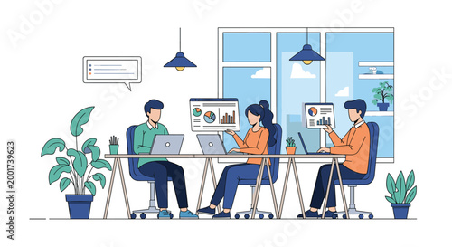 Professional business team working together in modern office space using laptops and analyzing data charts for strategic planning.