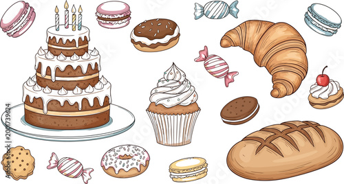 Watercolor illustration of assorted pastries and sweet treats