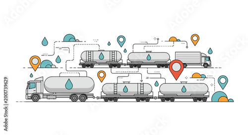 Logistics and energy distribution network featuring a freight train and heavy truck carrying fuel tanks with location pins on map routes.