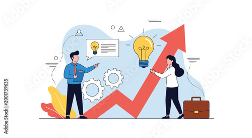 Ambitious business team looking towards a bright future symbolized by a large rising arrow and a glowing lightbulb for creative success.