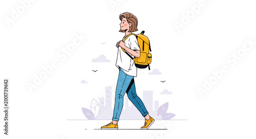 Modern flat vector illustration of a young woman traveler walking with a yellow backpack, female tourist exploring the city, casual girl hiking