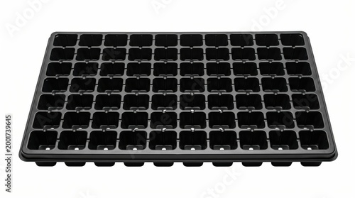 Black plastic seed tray with many cells