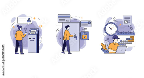 Modern security and service scenarios depicting self-service kiosk check-in, electronic door access, and secure scheduled computer work.