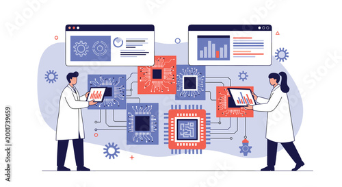 Professional technicians in lab coats analyzing hardware performance while working on large scale computer microchips and digital circuits.