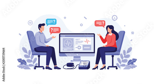 Professional medical consultation featuring a doctor and patient discussing health results shown on a large screen with heart rate monitor.