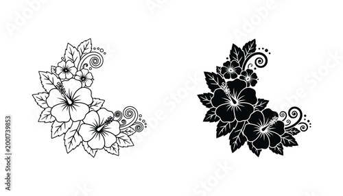Decorative hibiscus flower arrangement vector set with swirling leaves in outline and solid black styles for floral design and tropical art