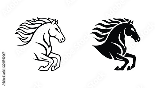 Running horse head with flowing mane line art and solid silhouette icon set for equestrian and animal design