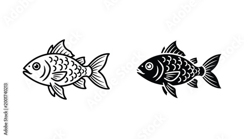 Simple fish icon design featuring detailed scale patterns and elegant fins in both line art and solid black silhouette versions for aquaculture or seafood market branding