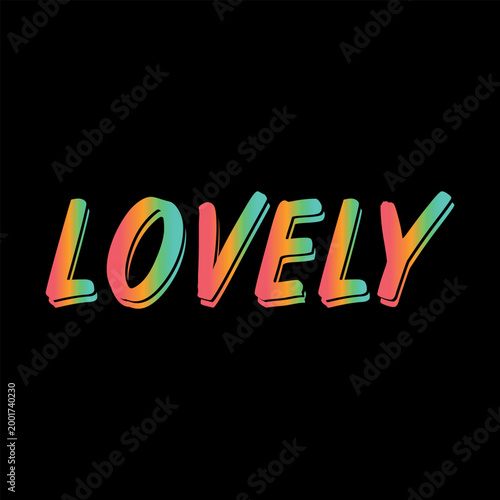 The word "LOVELY" featuring a vibrant retro gradient effect in pink, orange, and teal. Stylish 3D offset shadow in Y2K streetwear aesthetic, isolated on a black background.