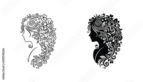 Elegant woman profile silhouette adorned with floral hair accessories in a beautiful line art and solid black graphic style for beauty and wellness branding