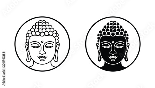 Serene Buddha head icon design representing spiritual enlightenment and meditation in both line art and solid black silhouette styles for wellness and yoga branding