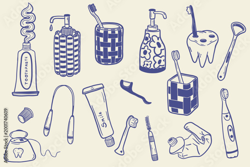 Dental hygiene tools collection with toothbrush toothpaste and oral care accessories in hand drawn doodle style