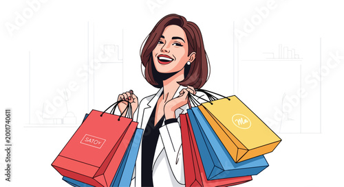 Fashionable woman holding colorful shopping bags, happy female shopper with retail paper bags, stylish girl enjoying seasonal sale and consumerism