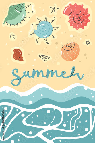 Summer poster with seashells ocean waves and beach elements in hand drawn doodle style