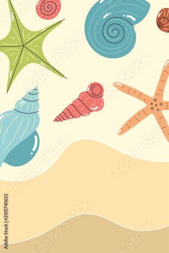 Summer beach background with seashells starfish sand waves and copy space in hand drawn doodle style