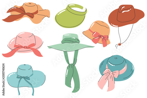 Summer hats collection with ribbon bow beach and fashion headwear in hand drawn doodle style