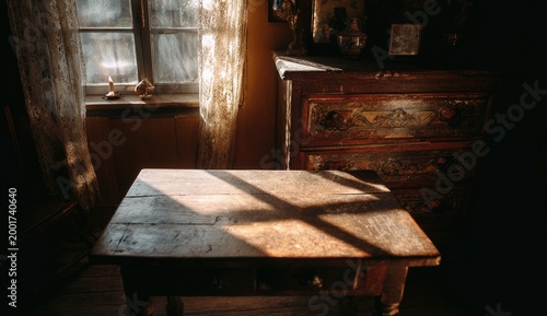 Dusty wooden table bathed in sunlight near an antique dresser